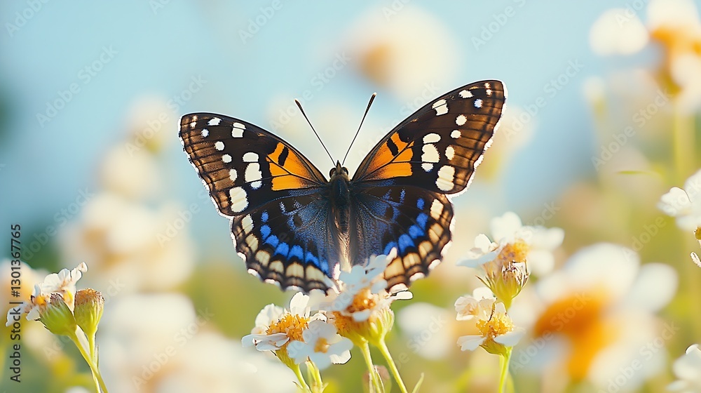 Obraz premium Magnificent butterfly showcasing striking colors while resting on flowers in bright sunlight : Generative AI