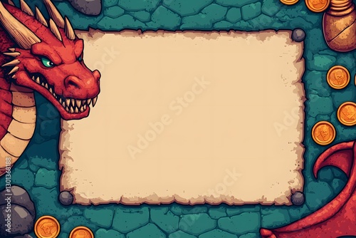 Fantasy Dragon Frame with Blank Scroll and Gold Coins on Stone Floor