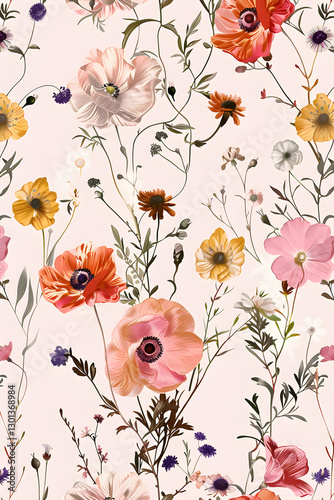 Whimsical Floral Frenzy: Vibrant Hand-Drawn Flowers and Leafy Vines in Seamless Pastel Pattern