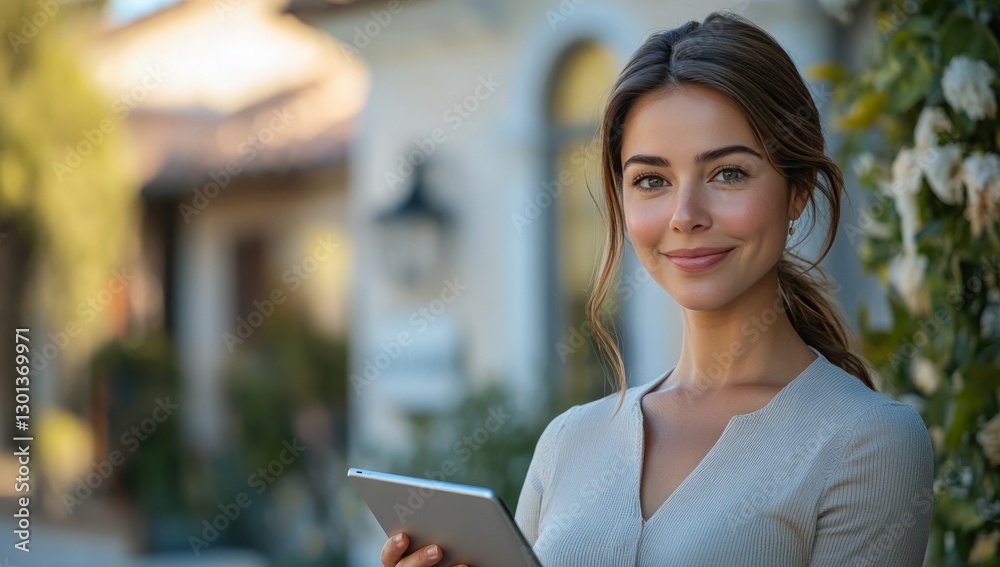 A smiling woman in a beige shirt holds a tablet in front of a luxury home. A smiling woman in a beige shirt holds a tablet in front of a luxury home.