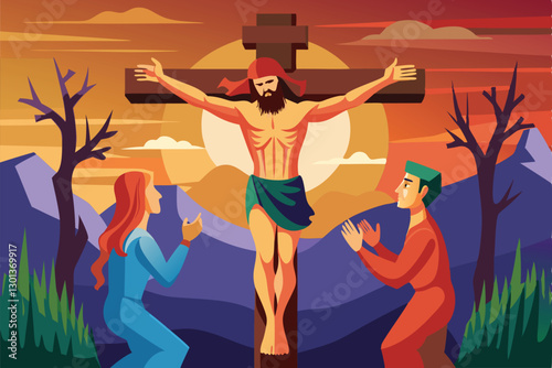 Jesus Christ is depicted on the cross at sunset, flanked by two figures deeply engaged in prayer, Passion Of Jesus Christ on a cross