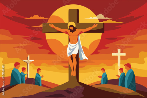 Jesus Christ is depicted on the cross, surrounded by believers during a poignant sunset gathering, Passion Of Jesus Christ on a cross