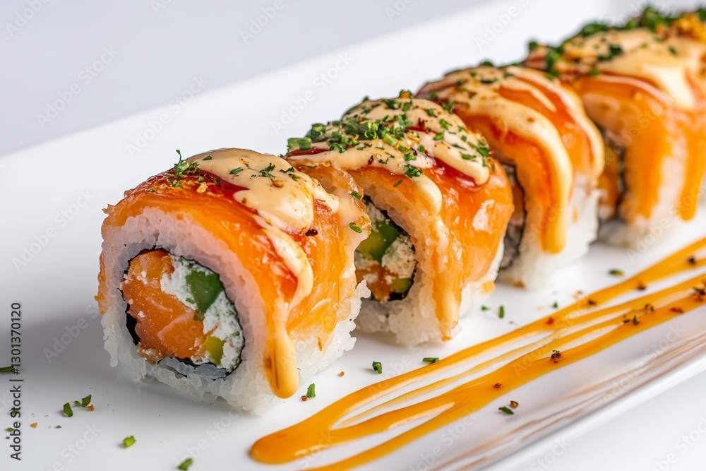 Delicious Salmon Sushi Rolls - Close-up of six delectable salmon sushi rolls, artfully arranged on a white plate, drizzled with a savory sauce Delicious Salmon Sushi Rolls - Close-up of six delectable salmon sushi rolls, artfully arranged on a white plate, drizzled with a savory sauce