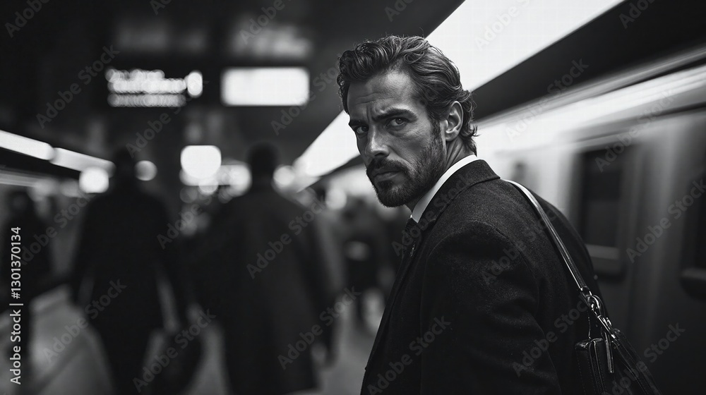 Urban elegance in black and white: stylish man in busy subway station capturing city life Urban elegance in black and white: stylish man in busy subway station capturing city life