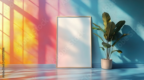 Empty white vertical poster mockup with rainbow light refraction effect on a mint blue background.