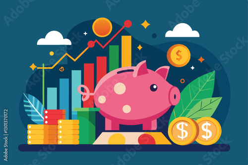 A vibrant piggy bank sits among coins and charts symbolizing financial growth and passive income strategies, Passive income set in piggybank