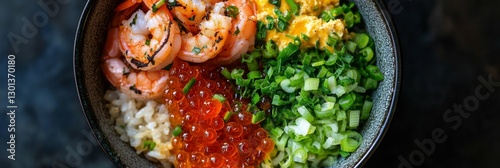 Delicious Seafood Rice Bowl - A vibrant seafood bowl featuring grilled shrimp, salmon roe, rice, chopped scallions, and scrambled eggs. It symbolizes freshness, flavor, healthy eating photo