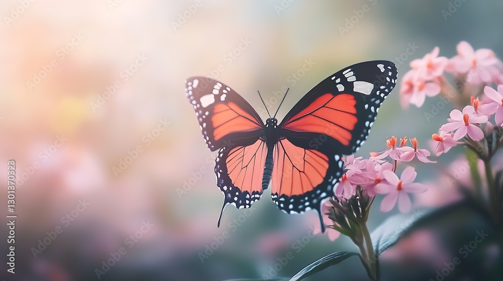 Obraz premium Captivating Monarch Butterfly Resting Gracefully on Vibrant Flowers with Soft Focus Background : Generative AI