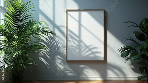 Empty white vertical poster mockups with palm leaf shadows on a light grey wall.