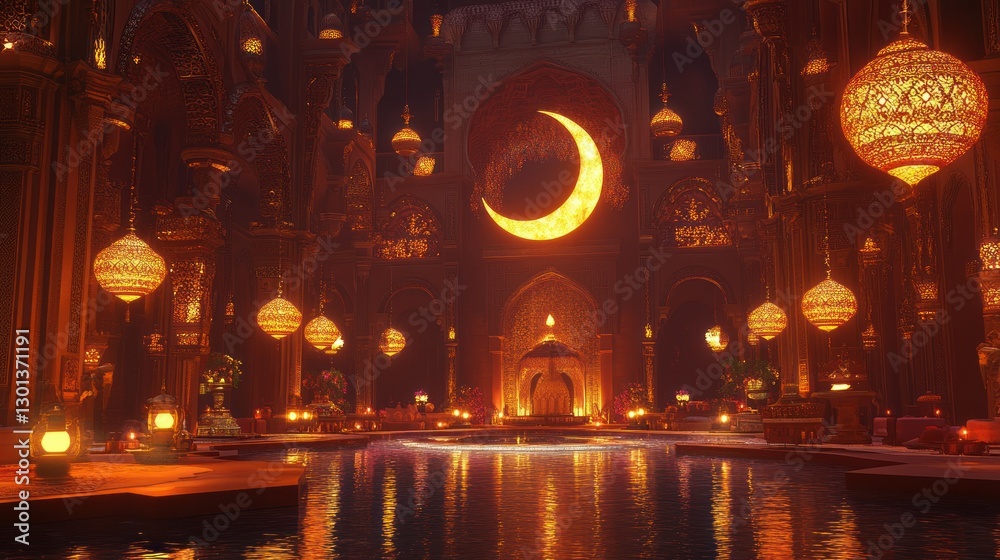 An ornate room displays a crescent moon and many hanging lanterns An ornate room displays a crescent moon and many hanging lanterns