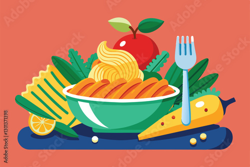 A colorful bowl of pasta topped with vegetables, cheese, and an apple on a vibrant table, Pasta Customizable Disproportionate Illustration