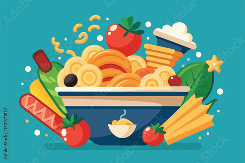 A bright illustration features a bowl of pasta with colorful ingredients, appealing to all food lovers, Pasta Customizable Flat Illustration