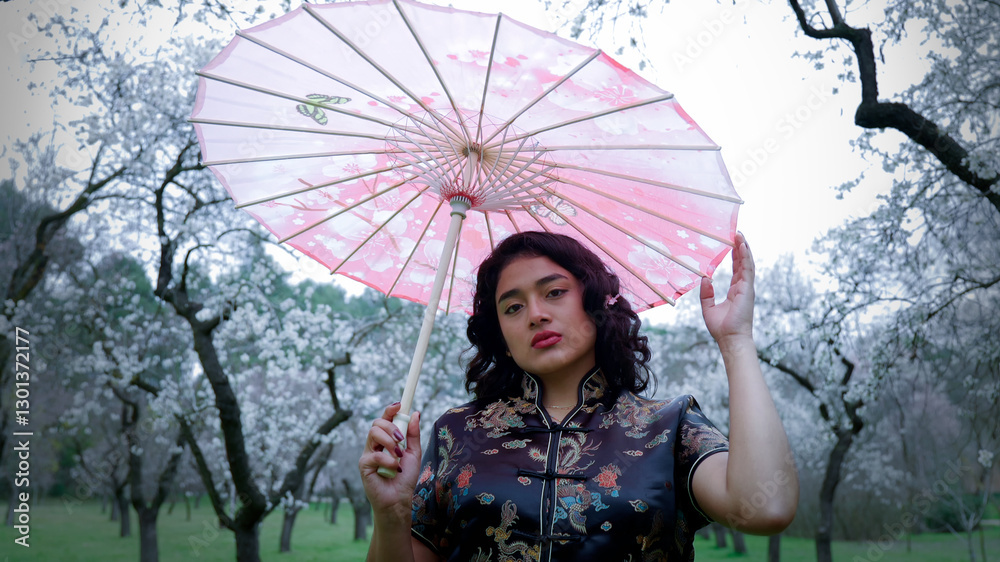 Young woman with pink umbrella posing in a flowering almond orchard