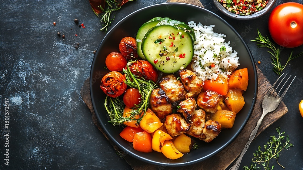 Delicious plate of grilled chicken with fresh vegetables and rice served on a black dish : Generative AI Delicious plate of grilled chicken with fresh vegetables and rice served on a black dish : Generative AI