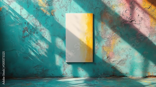 Empty white vertical rectangle poster or business card mockups with a diagonal rainbow shadow on a mint blue concrete background, shown in a flat lay top view.