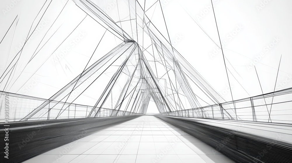 Obraz premium Detailed Wireframe Bridge Design - Futuristic bridge, architectural design, wireframe model, pathway, structure, engineering concept