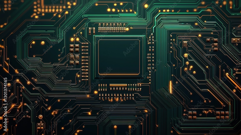 Fototapeta premium Detailed green and gold circuit board background technology image gigapixel scale high angle digital innovation
