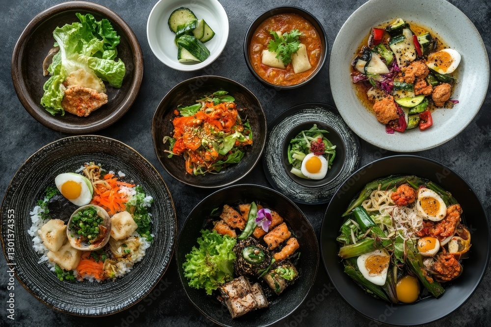 Diverse Asian Cuisine Platter - A visually appealing array of Asian-inspired dishes, featuring various textures and colors. Perfect for showcasing healthy eating or restaurant menus Diverse Asian Cuisine Platter - A visually appealing array of Asian-inspired dishes, featuring various textures and colors. Perfect for showcasing healthy eating or restaurant menus
