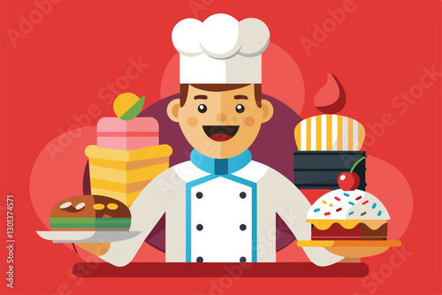 A cheerful pastry chef showcases a colorful assortment of customizable desserts in a lively kitchen, Pastry chef Customizable Semi Flat Illustration
