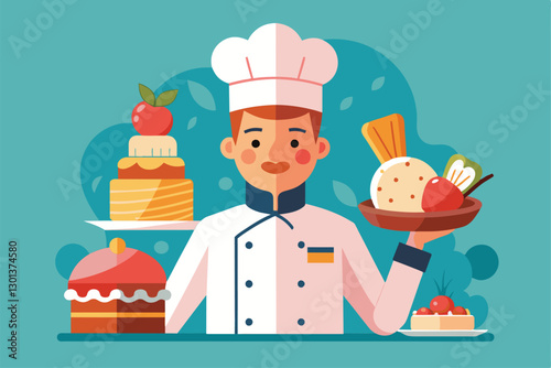A pastry chef presents an array of delicious sweets, including cakes and pastries, in a colorful kitchen, Pastry chef Customizable Semi Flat Illustration