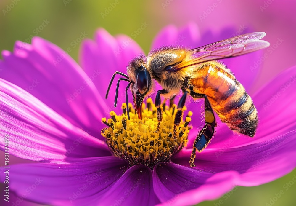 Close-Up View of Busy Honeybee Pollinating Vibrant Pink Flower with Detailed Petals and Bright Yellow Stamen in Nature's Garden Setting Close-Up View of Busy Honeybee Pollinating Vibrant Pink Flower with Detailed Petals and Bright Yellow Stamen in Nature's Garden Setting