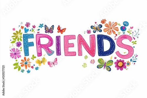 Brightly colored artistic representation of the word friends surrounded by flowers and butterflies photo