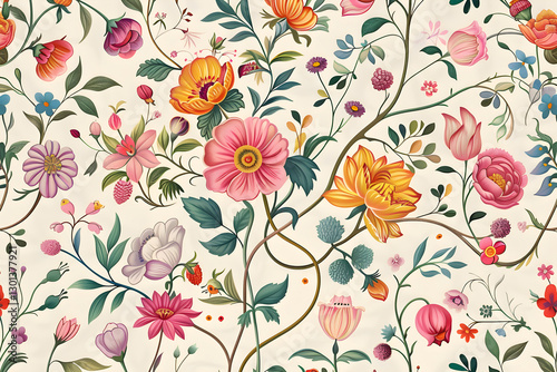 Whimsical Floral Frenzy: Vibrant Hand-Drawn Flowers and Leafy Vines in Seamless Pastel Pattern