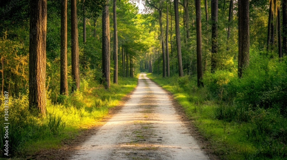 The Forest Road Leads Through Tall Trees and Sunlight The Forest Road Leads Through Tall Trees and Sunlight