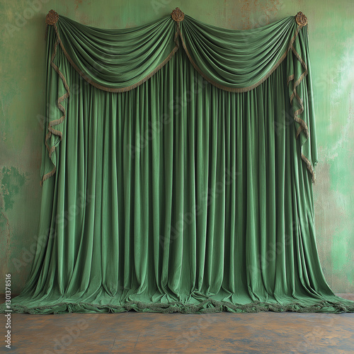 Emerald green silk concert hall curtain exuding elegance for upscale theatrical and interior stock photography