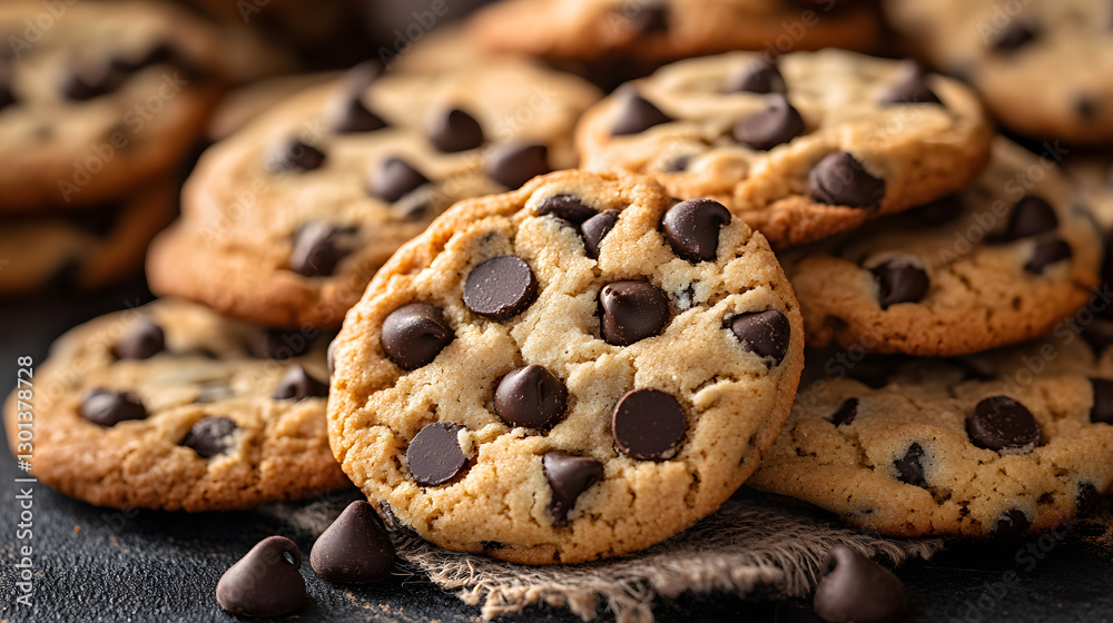A warm and inviting shot of classic chocolate chip cookies arranged on a dark wooden surface A warm and inviting shot of classic chocolate chip cookies arranged on a dark wooden surface
