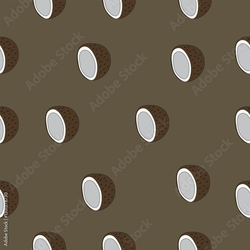 Seamless pattern featuring halved coconuts on a brown background. Perfect for tropical and exotic-themed designs