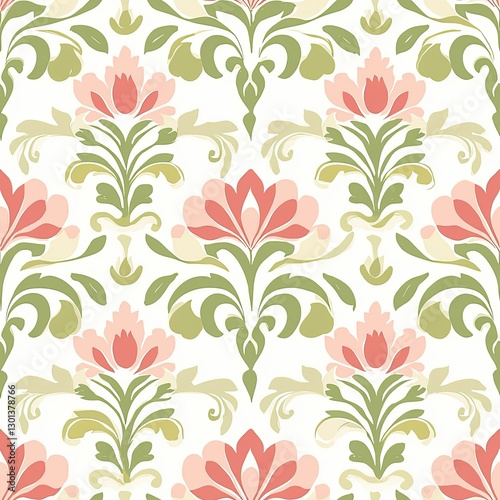 Classic damask pattern in soft pastel shades with symmetrical floral elegance, Classic pastel damask seamless, soft floral pastel damask, symmetrical pastel damask pattern.