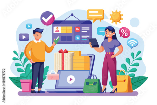 Two individuals utilize devices to make online payments surrounded by symbols of e-commerce and transactions, Payment online shopping