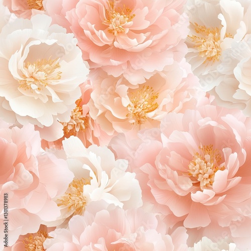 Delicate peonies in blush pastel tones with soft overlapping petals, Peony pastel floral seamless, soft blush pastel bloom, delicate pastel peonies pattern.