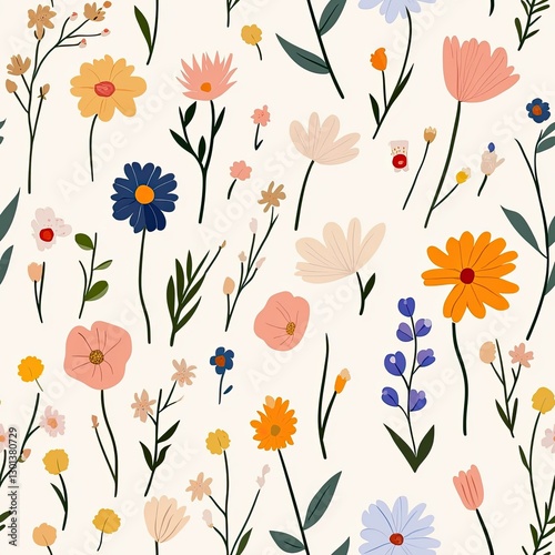 Summer meadow flowers in pastel colors with scattered wildflowers and soft leaves, Summer pastel floral seamless, wildflower meadow pastel bloom, soft pastel seasonal flowers.