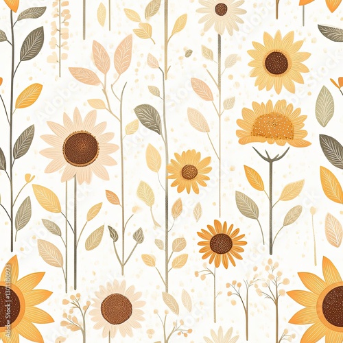 Sunflower field in muted pastels with warm golden petals and soft backgrounds, Sunflower pastel seamless, warm pastel sunflower bloom, golden petal pastel pattern.