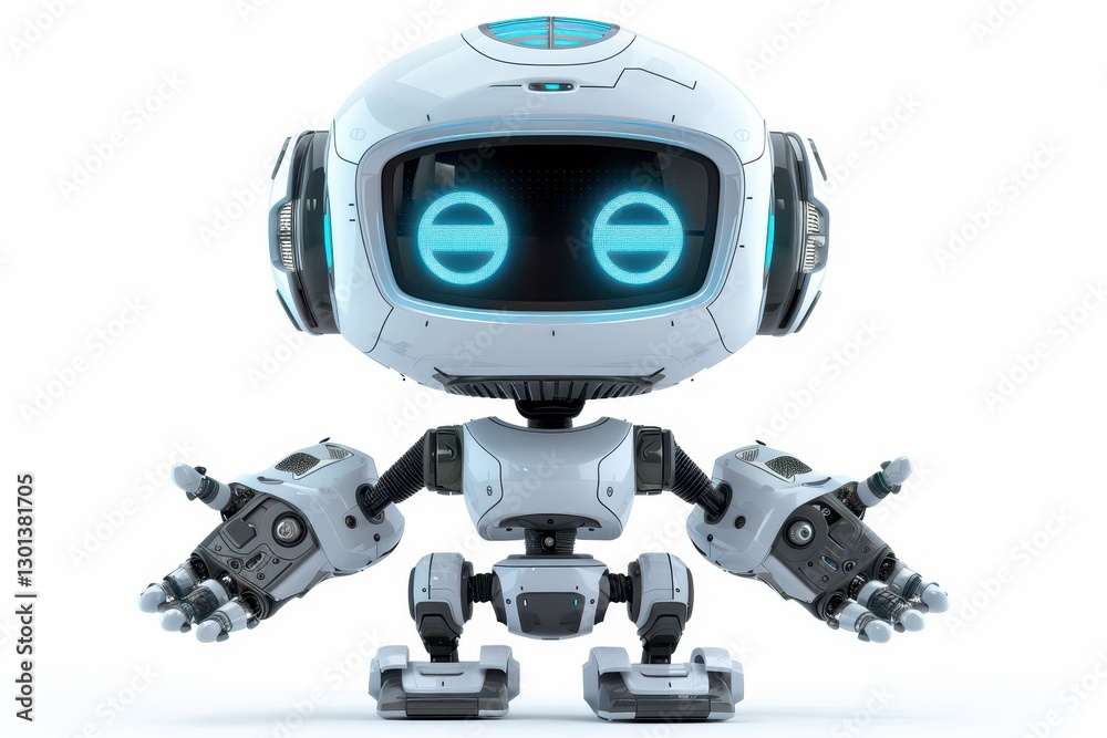 Playful cartoon robot with digital face screen isolated on white background Playful cartoon robot with digital face screen isolated on white background