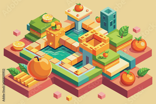 A vibrant, customizable isometric landscape showcases peach trees, oranges, and a tranquil pond, Peach Customizable Isometric Illustration