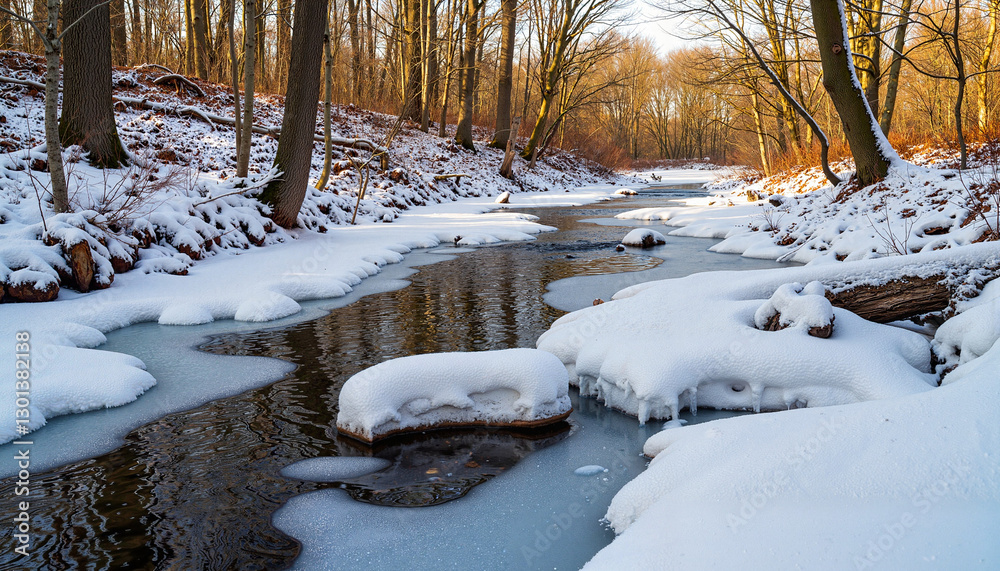 Tranquil creek with melting ice in serene forest, early spring beauty Tranquil creek with melting ice in serene forest, early spring beauty