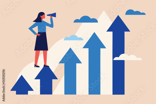 Business woman, binoculars, blue arrows pointing up, growth chart, light background, clouds, flat design, minimalist illustration, business vision, future outlook, upward trend, career advancement, 