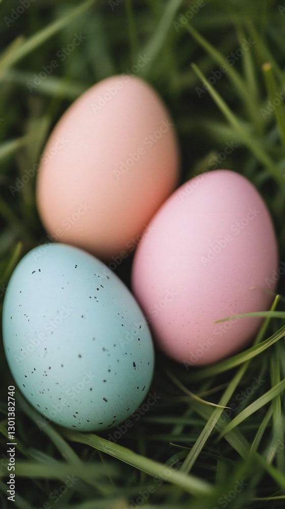 Easter Holiday, Easter Concept, Pastel Easter Eggs Nestled in Spring Grass Festive Holiday Decoration Easter Holiday, Easter Concept, Pastel Easter Eggs Nestled in Spring Grass Festive Holiday Decoration