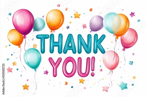 Bright and cheerful thank you card with colorful balloons and stars for celebrations
