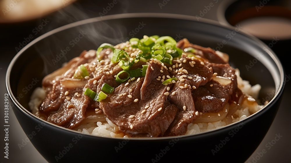 Delicious Beef Dish Served Over Rice Topped With Green Onions And Sesame Seeds : Generative AI Delicious Beef Dish Served Over Rice Topped With Green Onions And Sesame Seeds : Generative AI