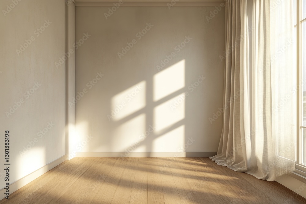 Obraz premium Empty room with sunlight streaming through sheer curtains onto hardwood floor.