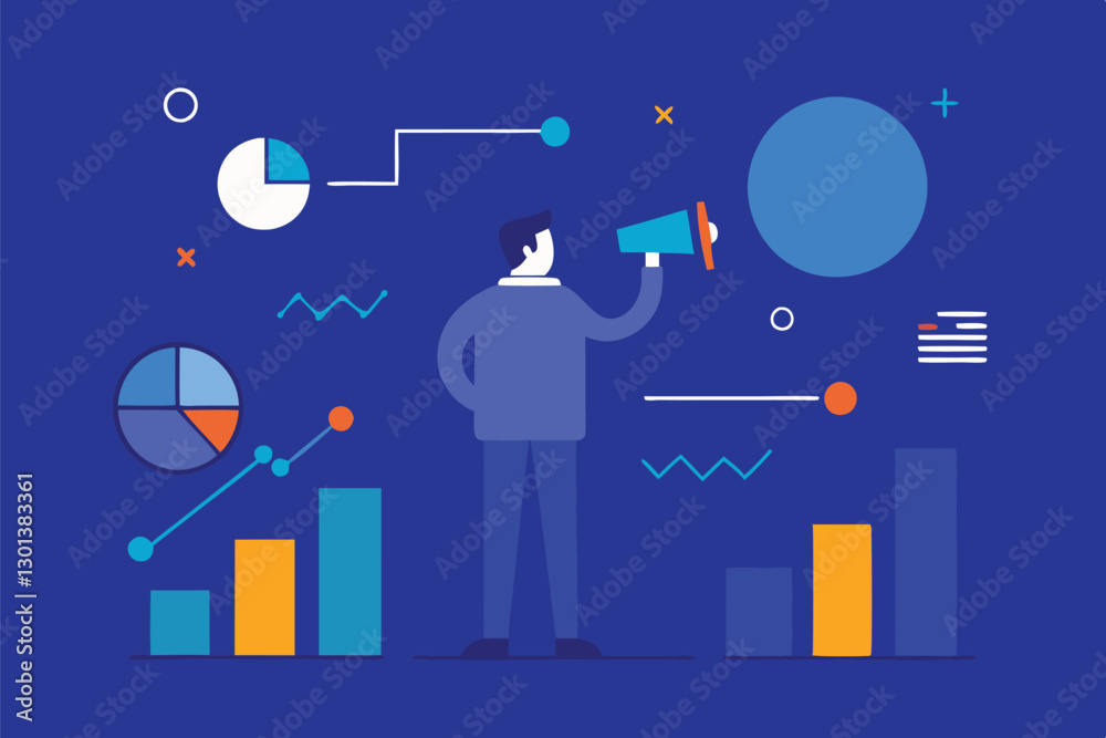 Business analytics, data visualization, geometric shapes, infographic elements, pie charts, bar graphs, megaphone, abstract background, blue color palette, minimalist design, corporate illustration, Business analytics, data visualization, geometric shapes, infographic elements, pie charts, bar graphs, megaphone, abstract background, blue color palette, minimalist design, corporate illustration,
