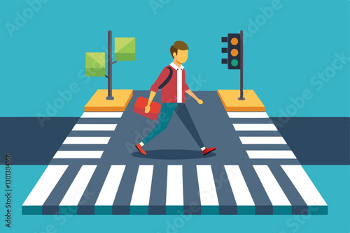 A pedestrian crosses the street at a customizable semi-flat crossing with traffic lights and signals, Pedestrian crossing Customizable Semi Flat Illustration