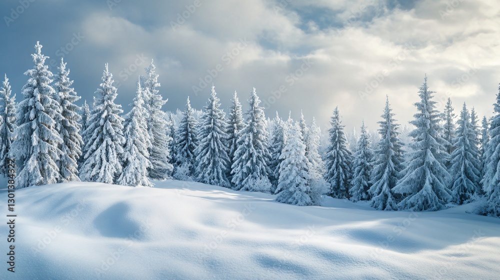 Serene Frozen Winter Landscape: Snow Covered Fir Trees, Snowy Fields & Frosty Scenery Serene Frozen Winter Landscape: Snow Covered Fir Trees, Snowy Fields & Frosty Scenery