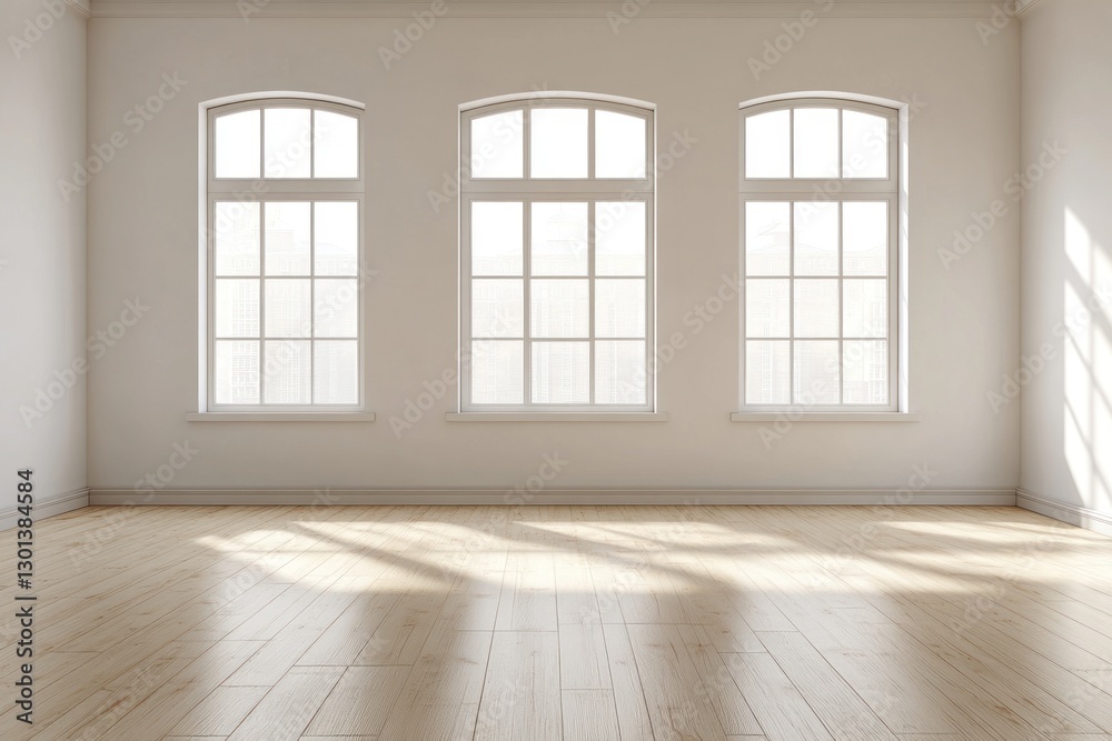 Fototapeta premium Empty room with three large windows and light wood floor. (1)