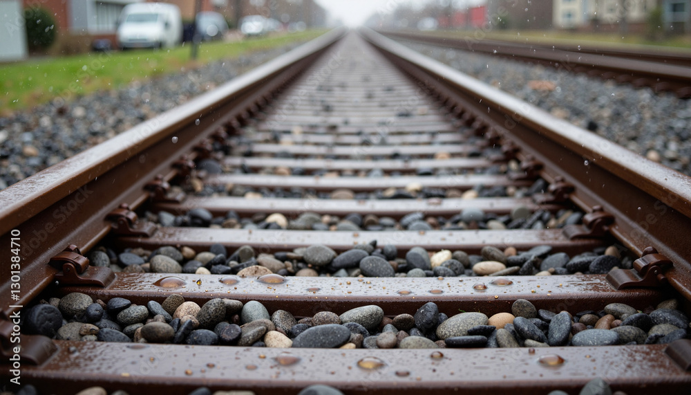 Water droplets on railroad track after rain, nature's beauty Water droplets on railroad track after rain, nature's beauty