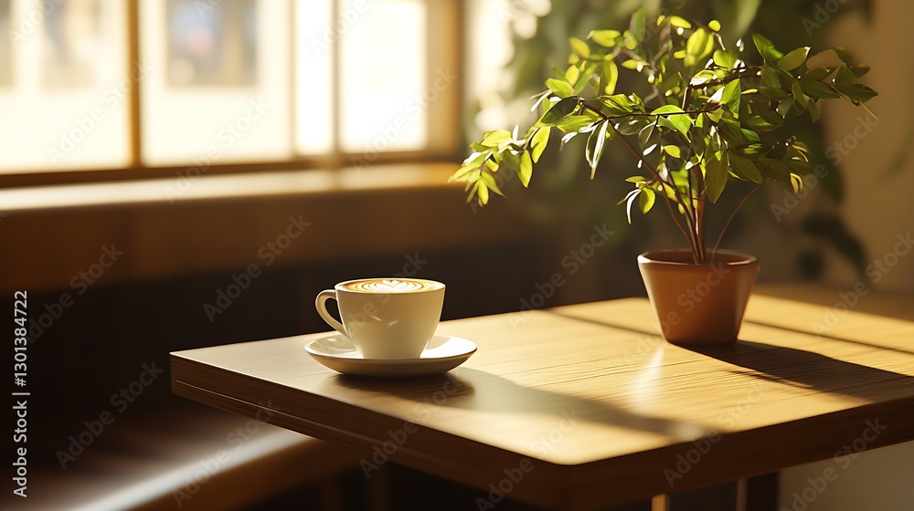 Inviting coffee cup on a wooden table with a lively plant basking in warm sunlight : Generative AI Inviting coffee cup on a wooden table with a lively plant basking in warm sunlight : Generative AI